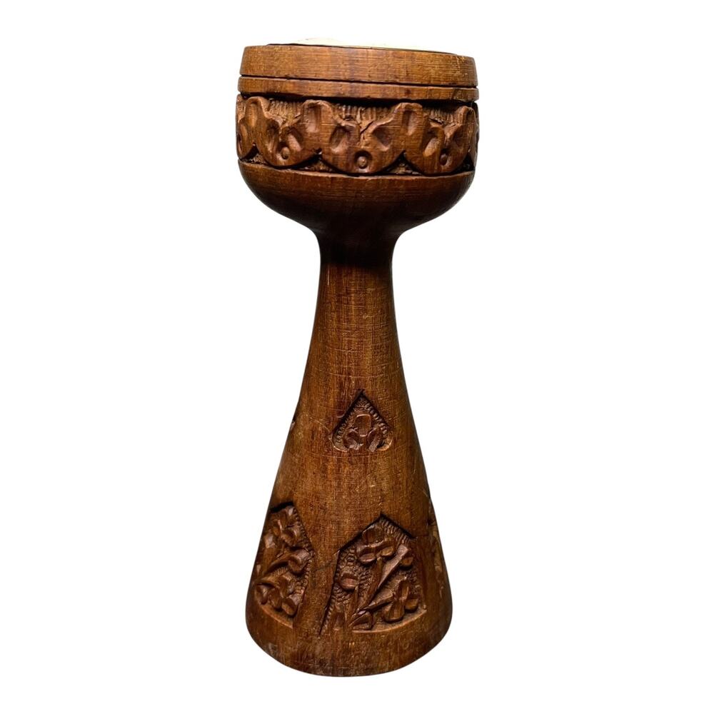 Hand-Carved Wooden Tea Light Candle Holder Floral Design Signed Made in India - Picture 6 of 9